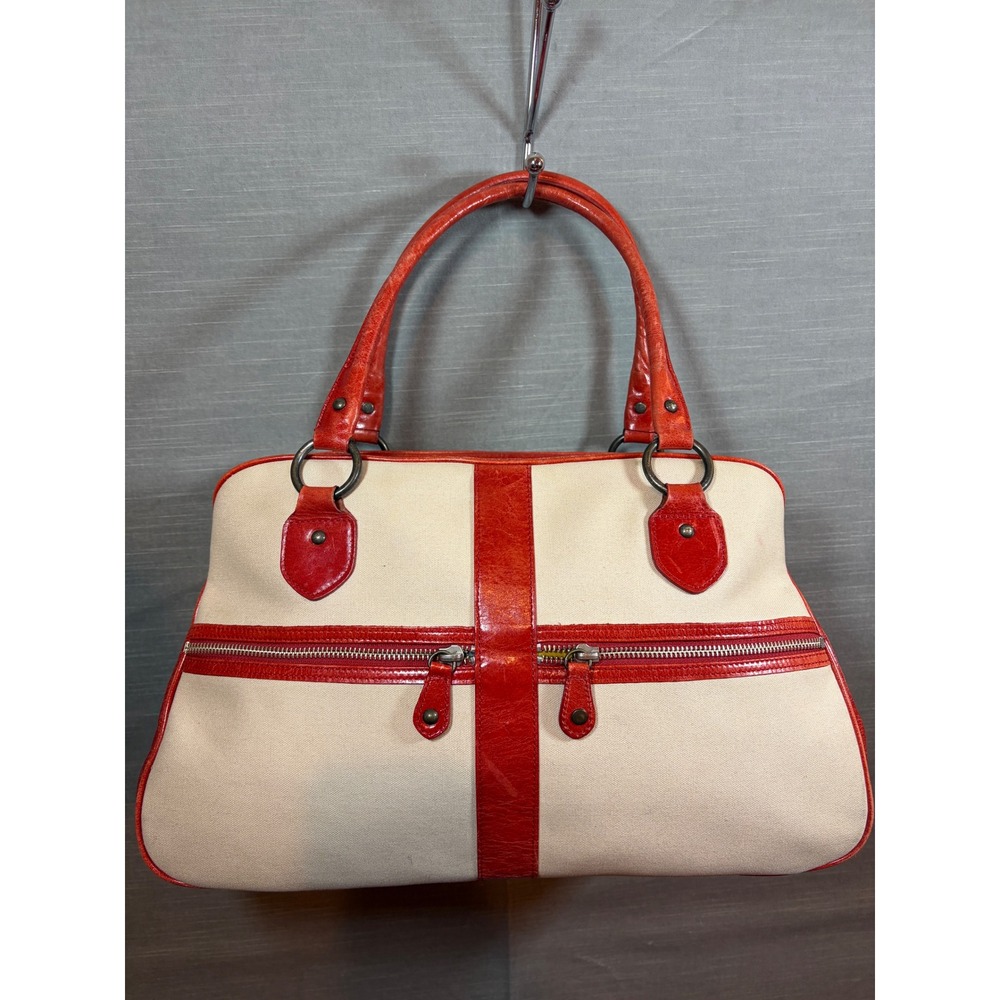 77. Vintage Nordstrom East‎ West Canvas Burnt Orange Leather Satchel Tote Bag